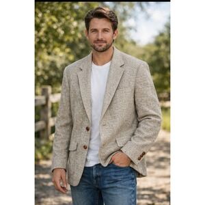 Michael Daniel Mens Tweed Blazer Sport Coat Jacket 100% Wool Tan Brown Button Up